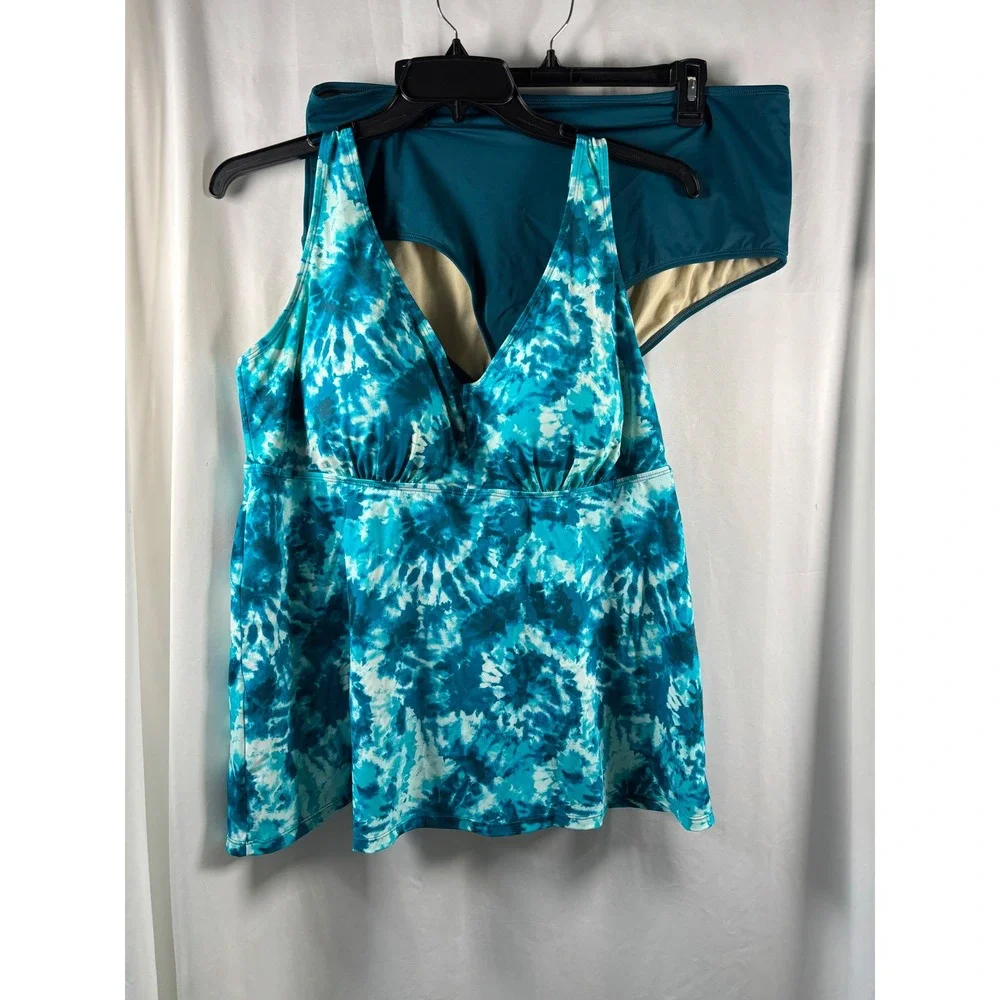 Kim Gravel Teal Tie Dye Tankini Set High Waisted Two Piece Swimsuit Plus Size 22